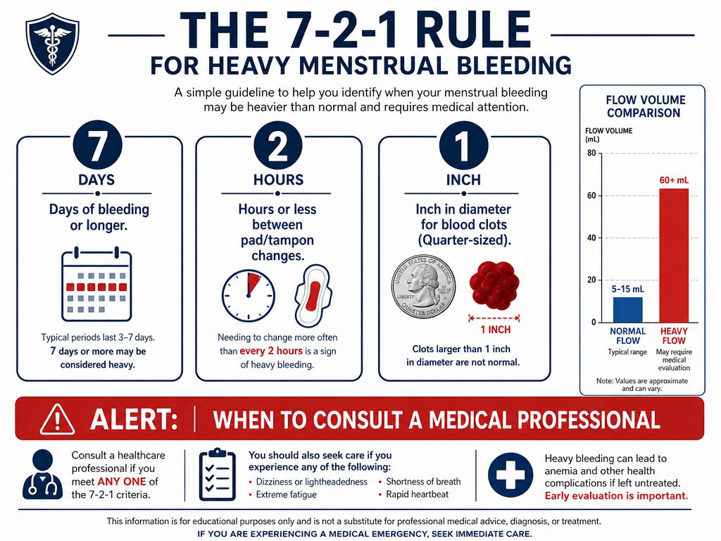The 7-2-1 rule medical infographic for heavy menstrual bleeding: 7 days of bleeding, 2 hour pad changes, 1 inch clots.