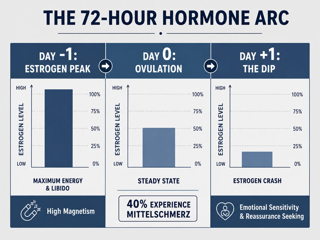 A 72-hour hormone timeline chart showing estrogen peaking before ovulation and a significant dip on day plus one, causing emotional sensitivity.