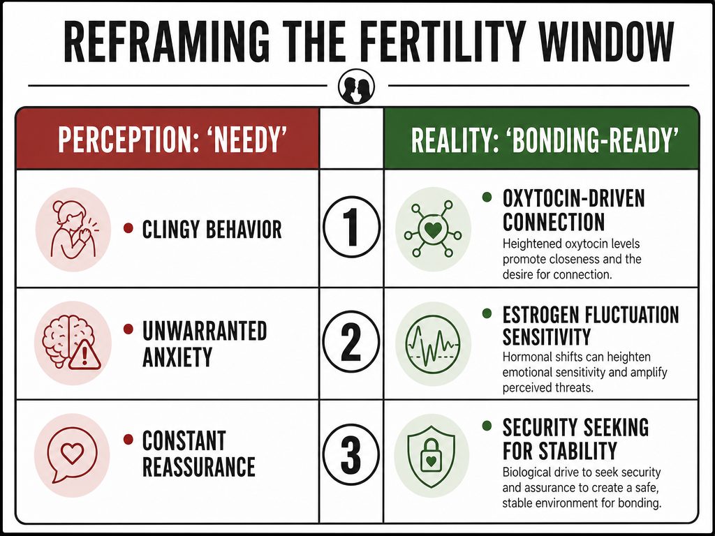 A comparison chart reframing perceived needy behaviors as biological bonding drives during a woman's fertility window to help partners understand shifts.