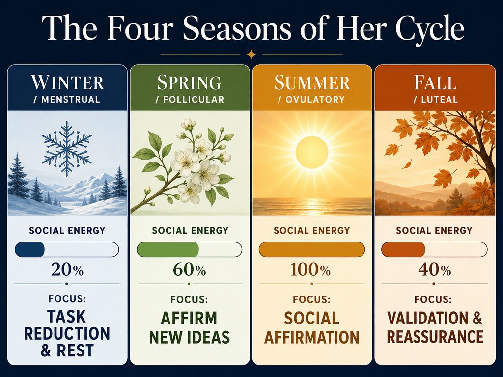 Understand the cycle as a biological weather system. Each phase requires a different style of verbal encouragement to help her navigate changing energy and mood.
