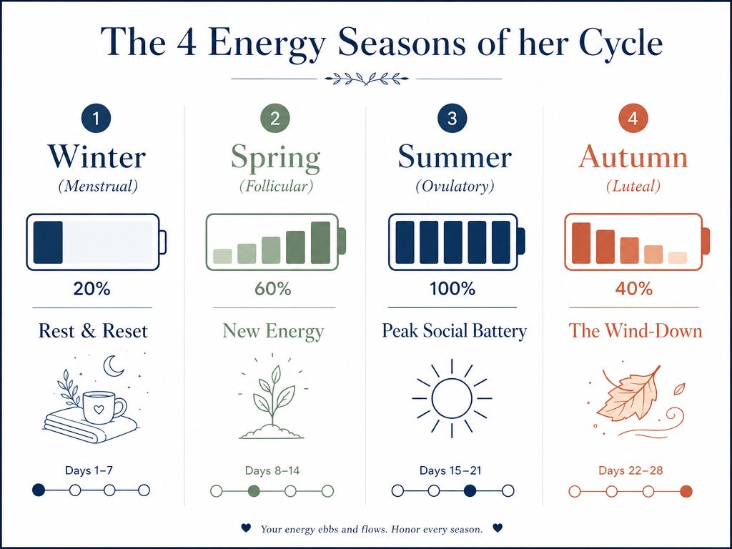 Infographic showing the four phases of the menstrual cycle as seasons: Winter, Spring, Summer, and Autumn, with corresponding energy battery levels.