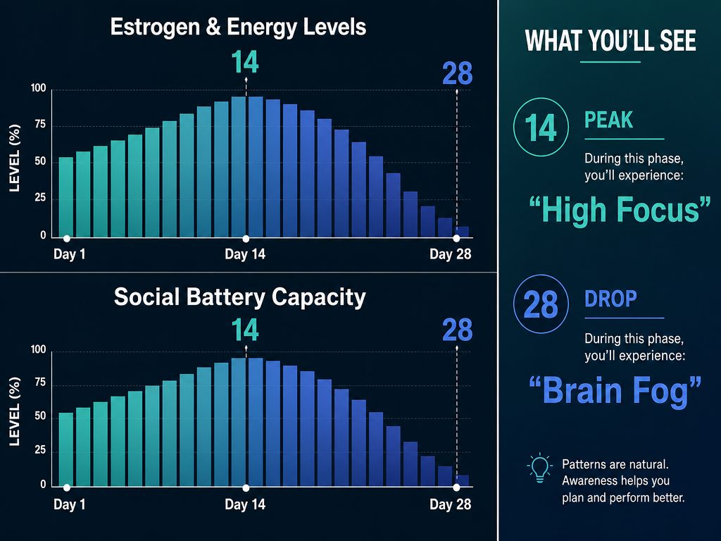 Comparison chart of estrogen levels and social battery capacity across a 28-day menstrual cycle, highlighting the energy crash during the Luteal phase.