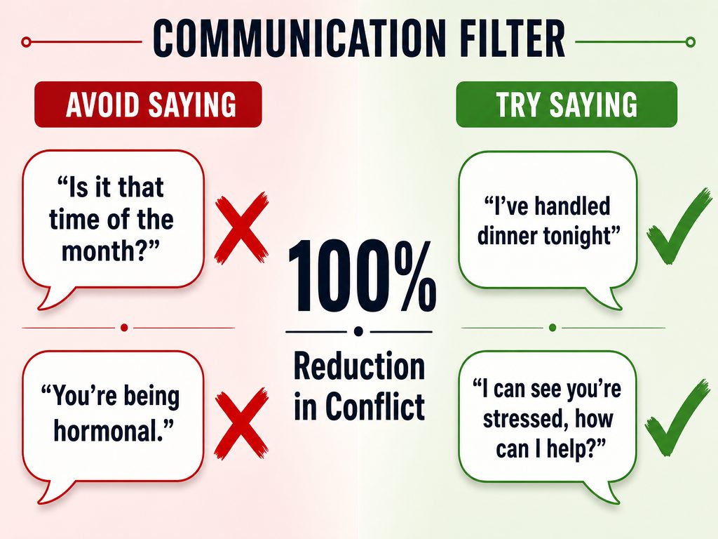 Communication guide for boyfriends showing 'what to say' versus 'what not to say' to a partner during her menstrual cycle for better relationship harmony.
