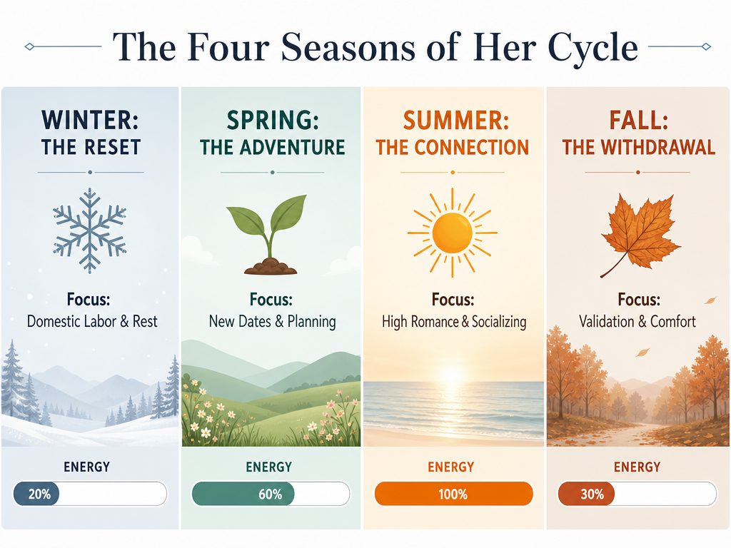 Infographic showing the four phases of the menstrual cycle labeled as seasons with specific relationship support missions and energy levels.