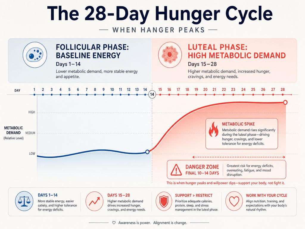A 28-day menstrual cycle timeline highlighting the Luteal Phase from day 15 to 28 as the period of peak metabolic demand and hunger.