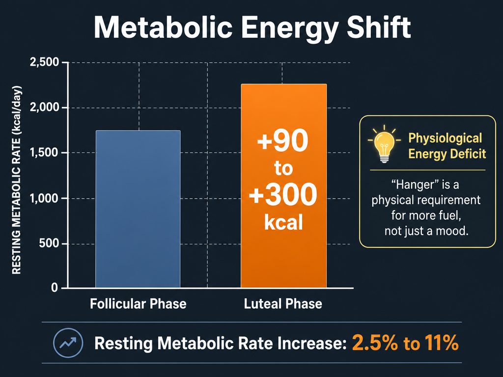 Bar chart comparing Follicular and Luteal metabolic rates, showing a 90 to 300 calorie increase in daily energy needs during the Luteal phase.