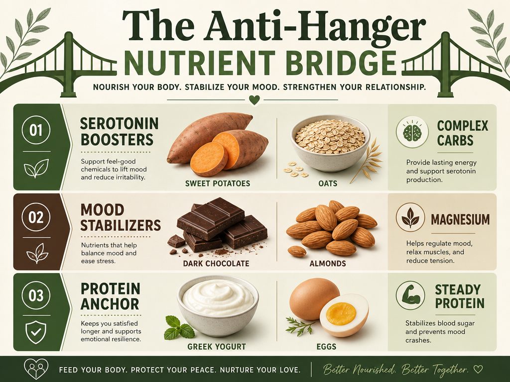 Nutritional guide featuring complex carbs, magnesium-rich foods, and proteins like dark chocolate and sweet potatoes to stabilize hormonal moods.