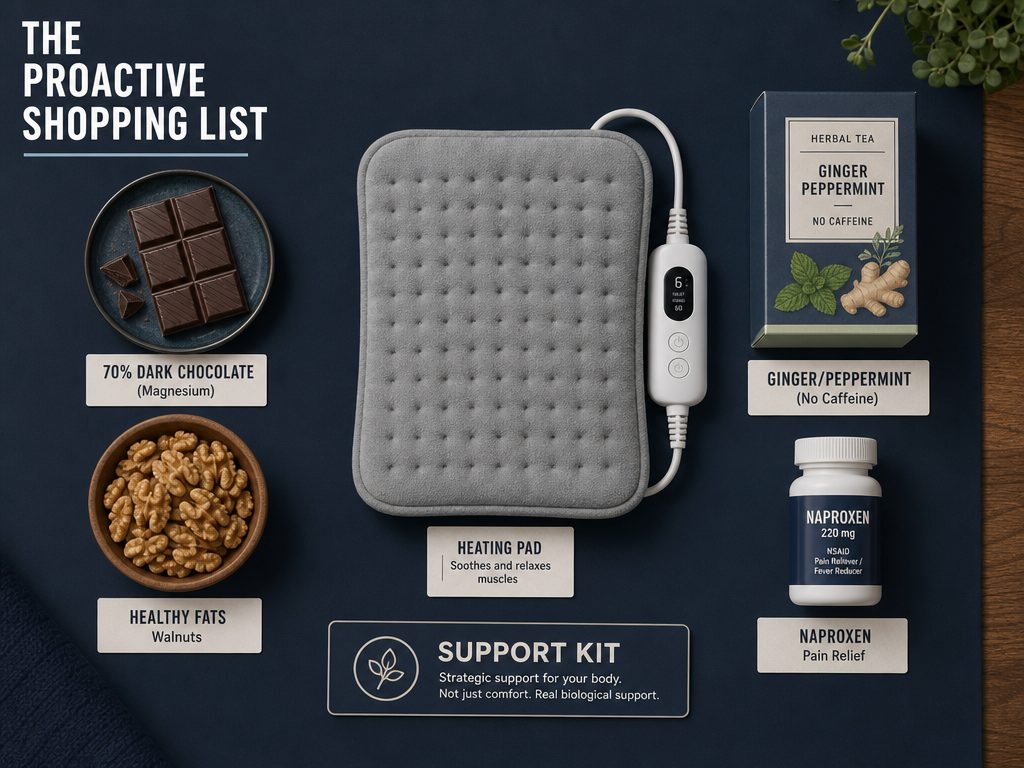 A curated support kit focuses on magnesium-rich foods and physical comfort tools to help manage hormonal shifts and physical discomfort during the menstrual cycle.
