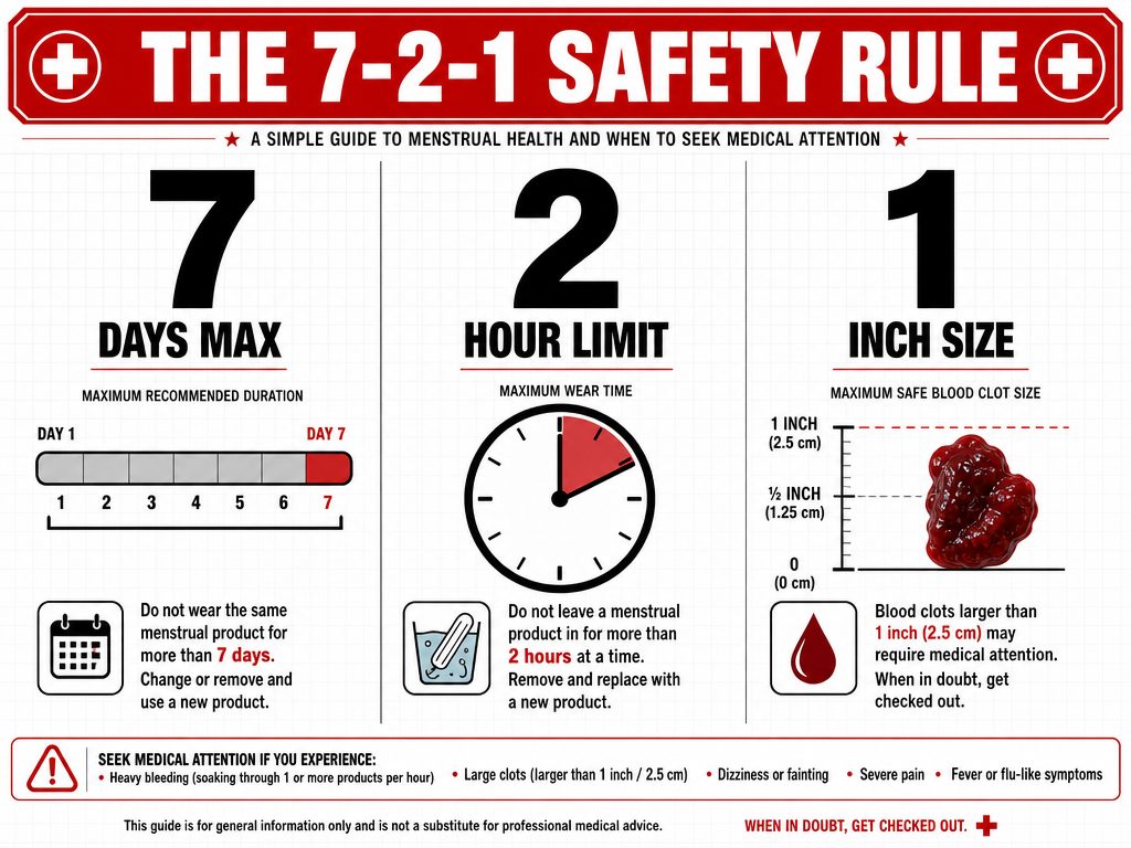 Infographic explaining the 7-2-1 rule: periods longer than 7 days, product changes every 2 hours, or clots over 1 inch require medical attention.