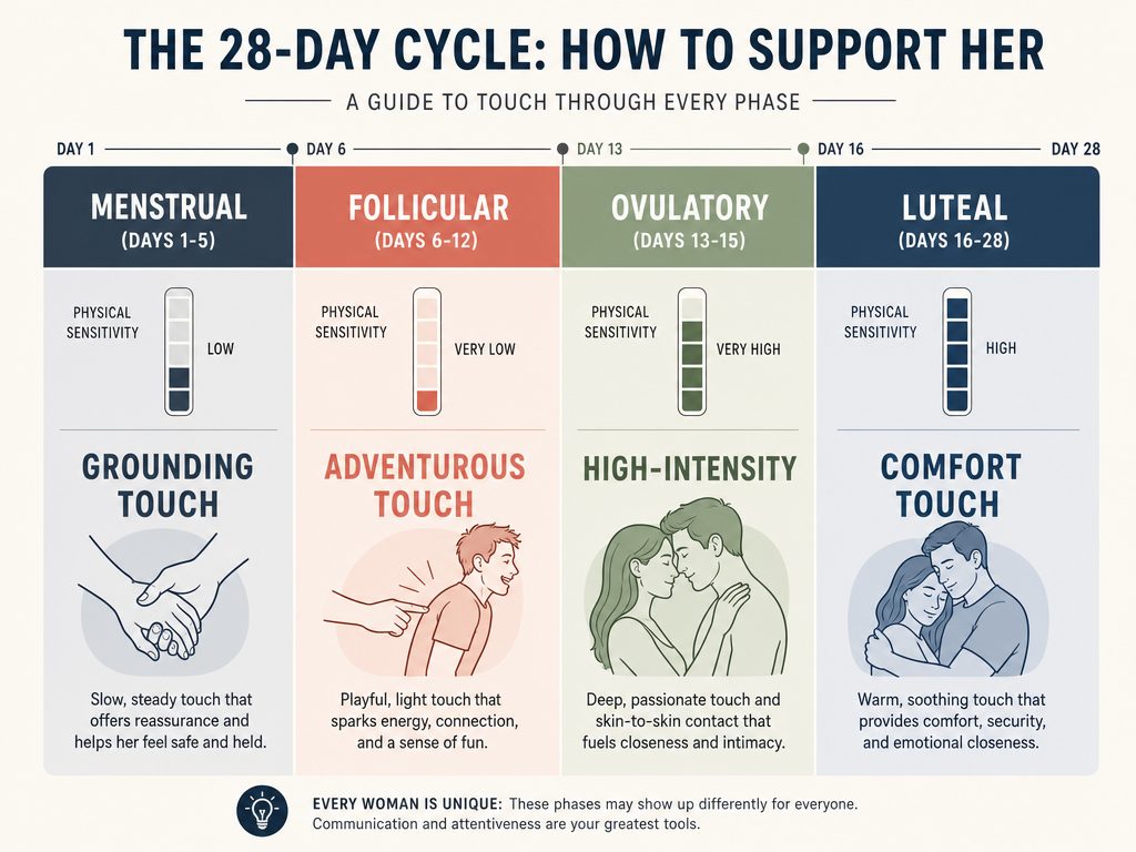 A 28-day hormonal cycle chart for men showing the four phases - menstrual, follicular, ovulatory, and luteal - and recommended physical touch styles.