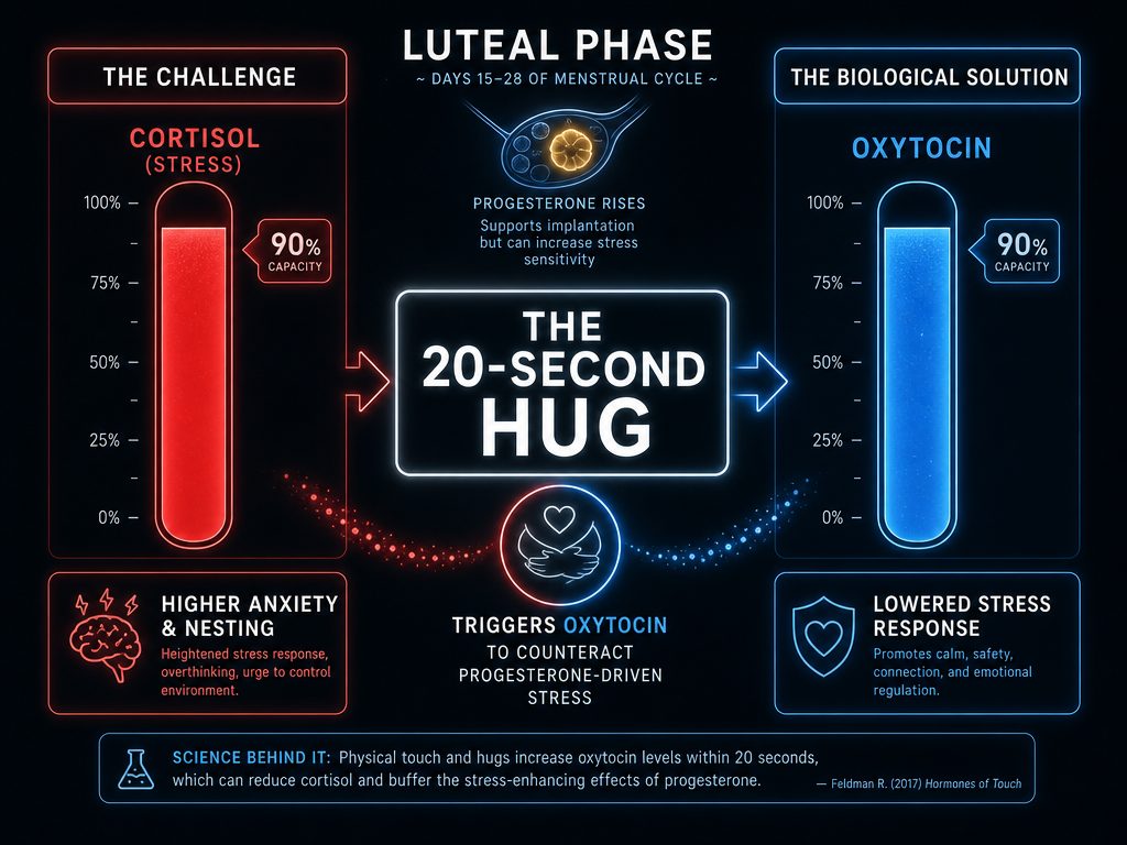 A data-driven graphic comparing cortisol and oxytocin levels during the luteal phase, highlighting the impact of a 20-second hug on stress reduction.