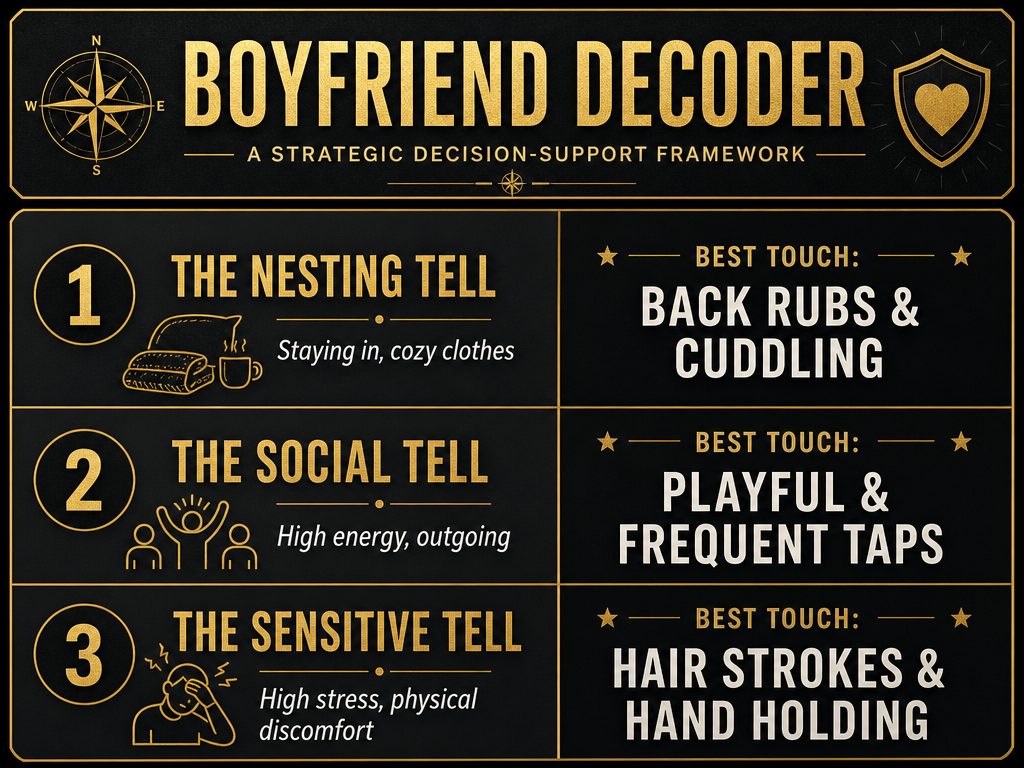 A behavioral decoder chart for men listing common partner behaviors like nesting or social energy and the corresponding best physical touch response.