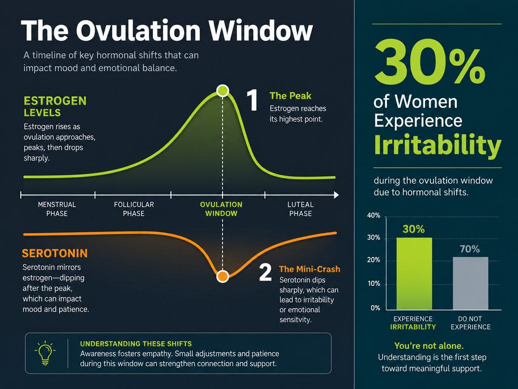Infographic showing the relationship between estrogen peaks and serotonin dips during the ovulation cycle causing partner irritability.