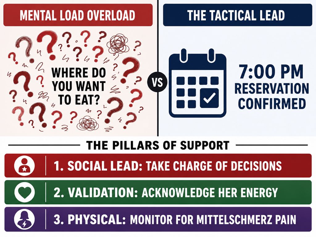 A comparison chart showing how taking the lead on decisions reduces a partner's mental load during the irritability phase of ovulation.