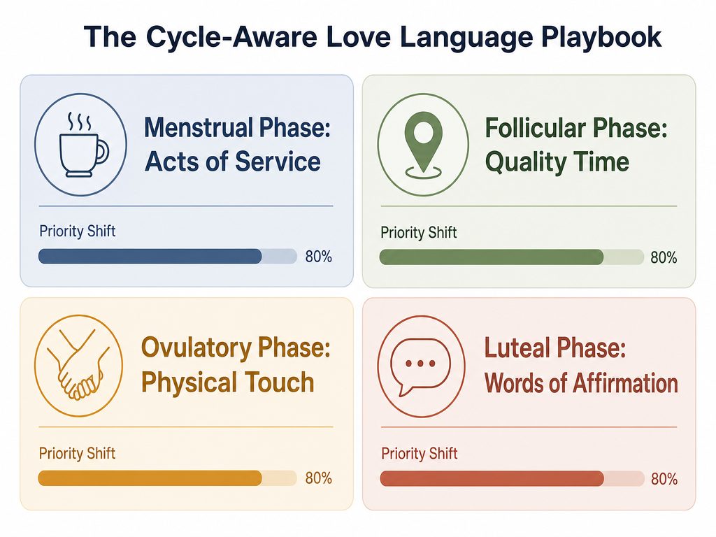 A strategic diagram showing how love languages like Acts of Service and Quality Time shift throughout the four phases of the menstrual cycle.