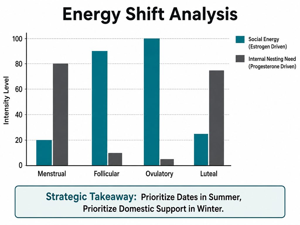 A bar chart comparing social energy and internal nesting needs across different cycle phases to guide relationship planning and effort.