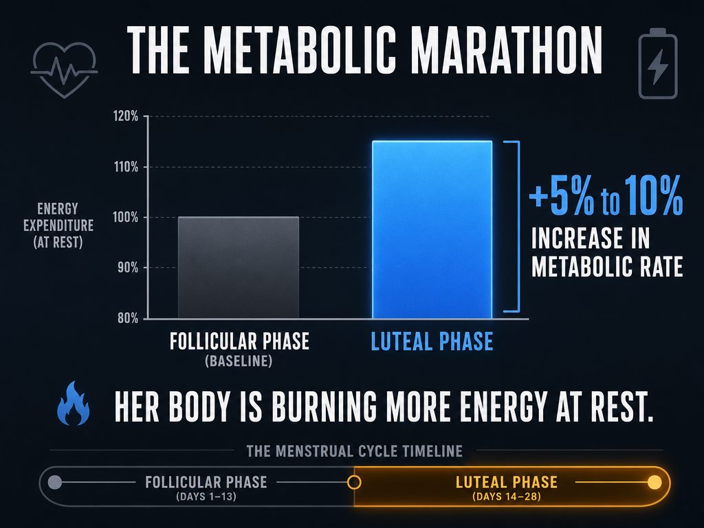 Bar chart comparing Follicular and Luteal metabolic rates, showing a 5-10% increase in energy expenditure during the luteal phase.