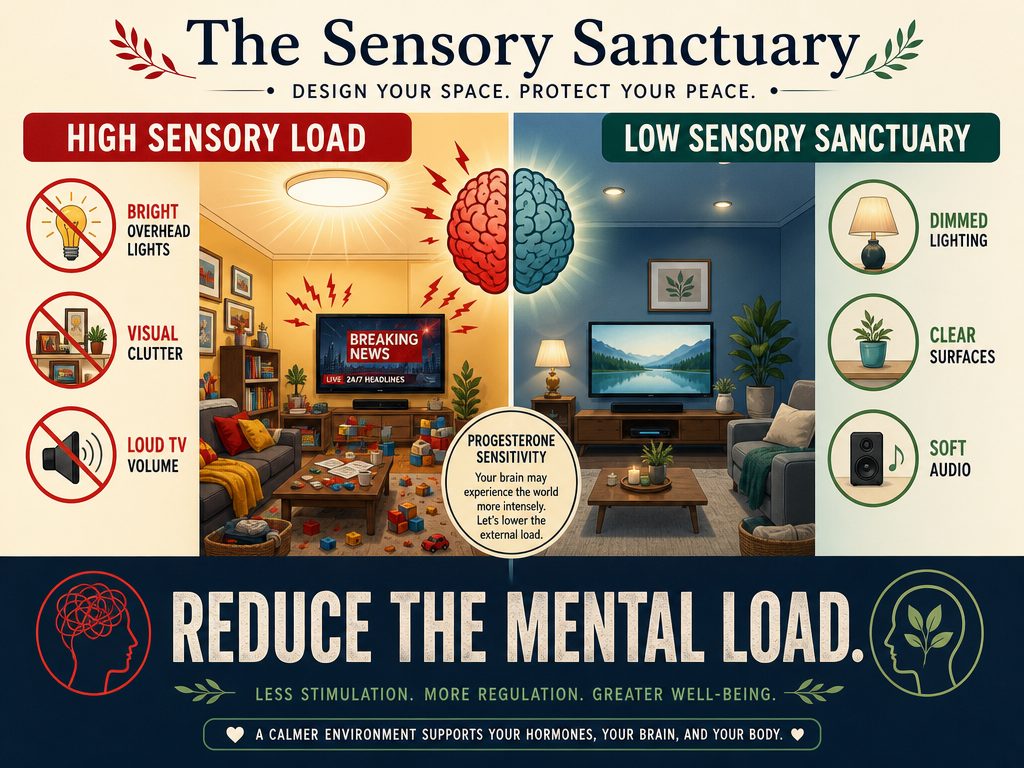 Infographic comparing high-sensory environments to a 'Sensory Sanctuary' designed to reduce mental load during the luteal phase.