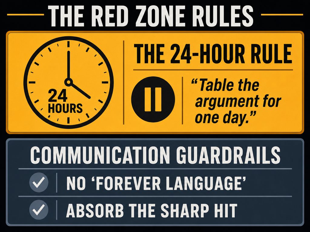 Tactical relationship guide titled 'The Red Zone Rules' featuring the 24-Hour Rule and communication guardrails for the luteal phase.