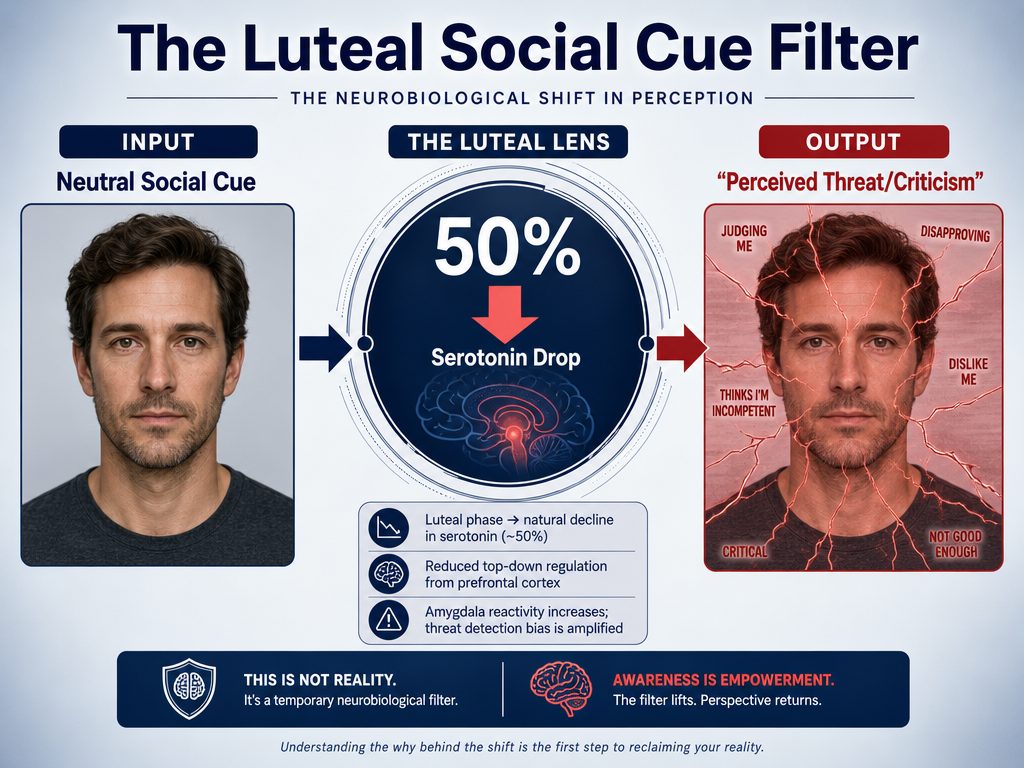 Diagram showing how low serotonin during the luteal phase causes a partner to misinterpret neutral facial expressions as negative or critical.