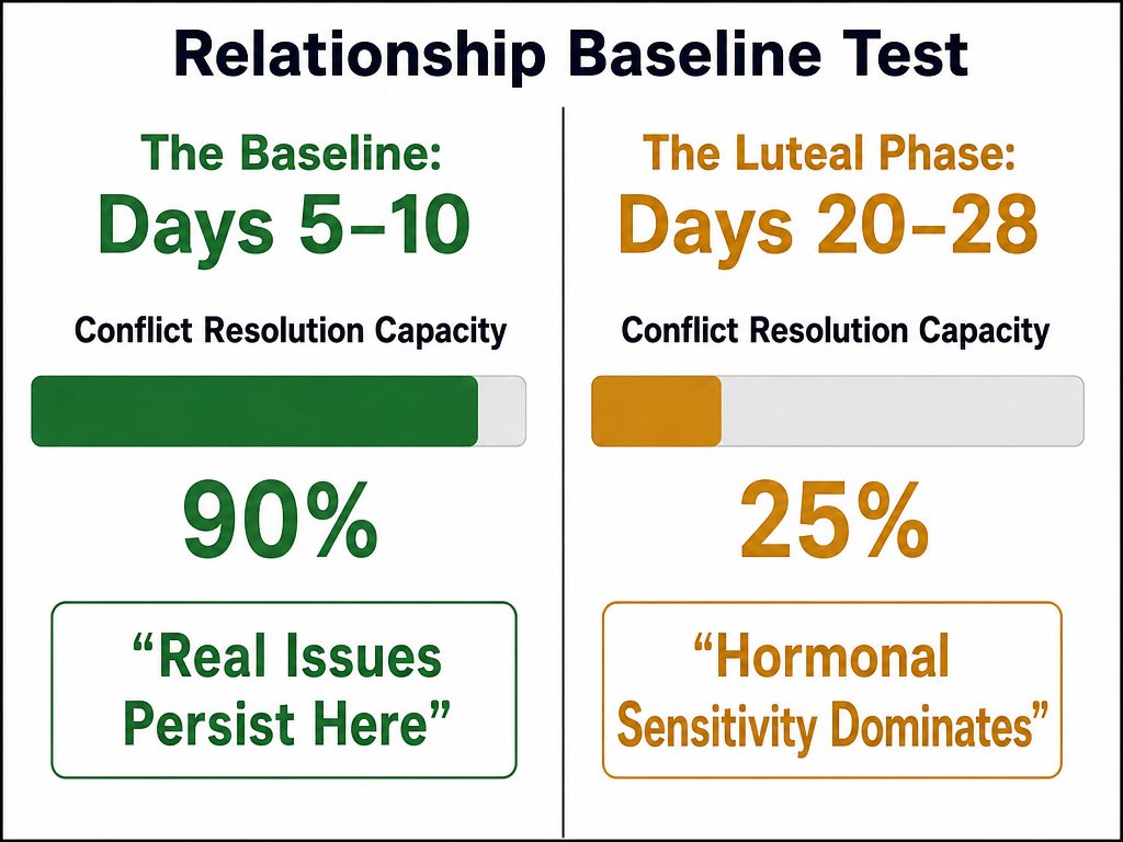 A comparison chart of relationship dynamics between the follicular and luteal phases to help partners identify cyclical patterns of sensitivity.