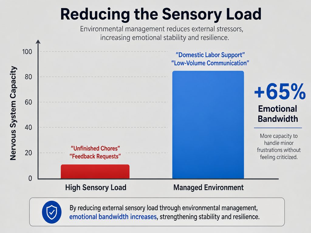 Bar chart illustrating how reducing a partner's domestic chores and sensory load can increase their emotional bandwidth during the luteal phase.