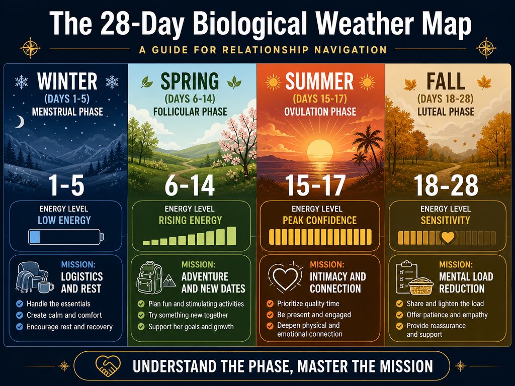 A 28-day menstrual cycle infographic for men showing the four seasons: Winter, Spring, Summer, and Fall with partner missions for each phase.