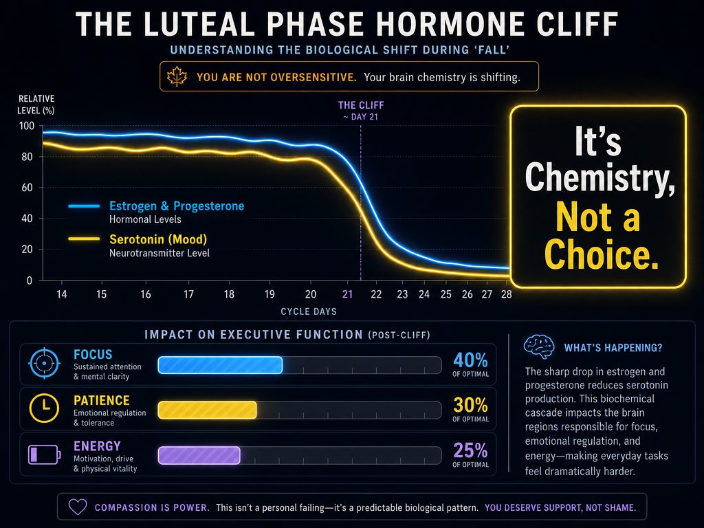 Graph showing the correlation between dropping estrogen, progesterone, and serotonin levels during the luteal phase of the menstrual cycle.
