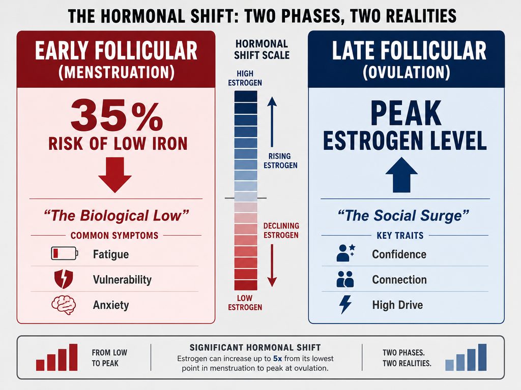 Comparison chart showing the biological difference between early follicular iron loss and late follicular estrogen peaks in women.