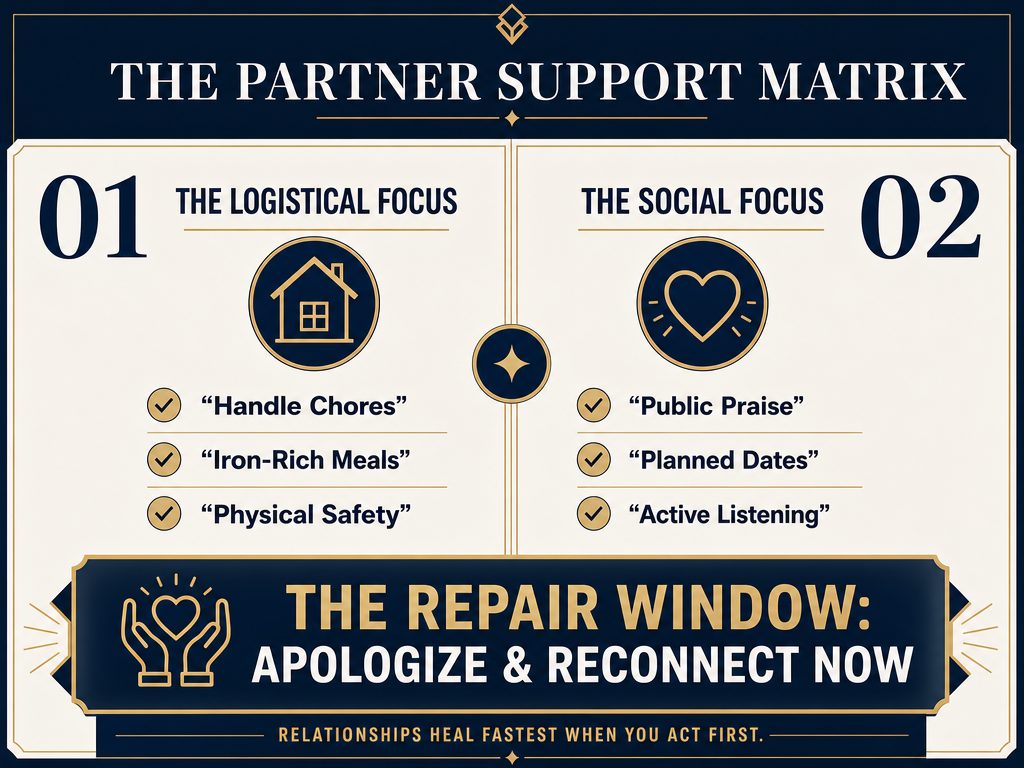 A partner support matrix contrasting logistical care needs with social validation needs during different points of the follicular phase.
