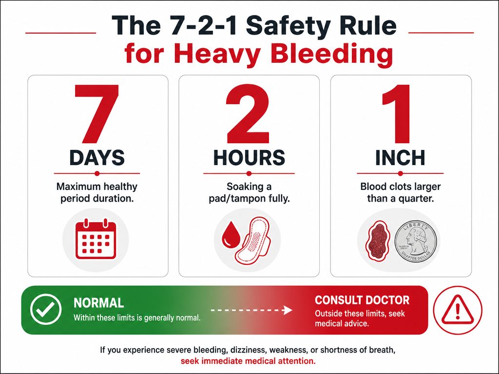 A medical infographic explaining the 7-2-1 rule for heavy menstrual bleeding: 7 days long, every 2 hours, 1 inch clots.