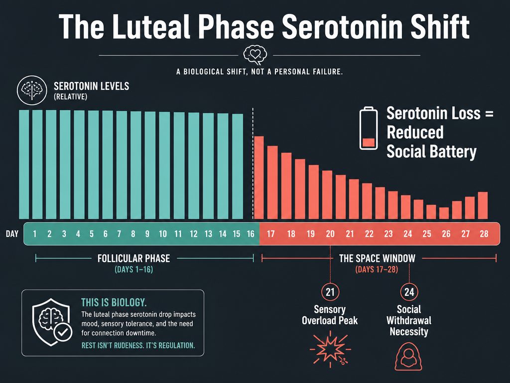 Understanding the biological shift: during the luteal phase, a drop in serotonin can make social interaction feel exhausting, creating a natural need for space and isolation.