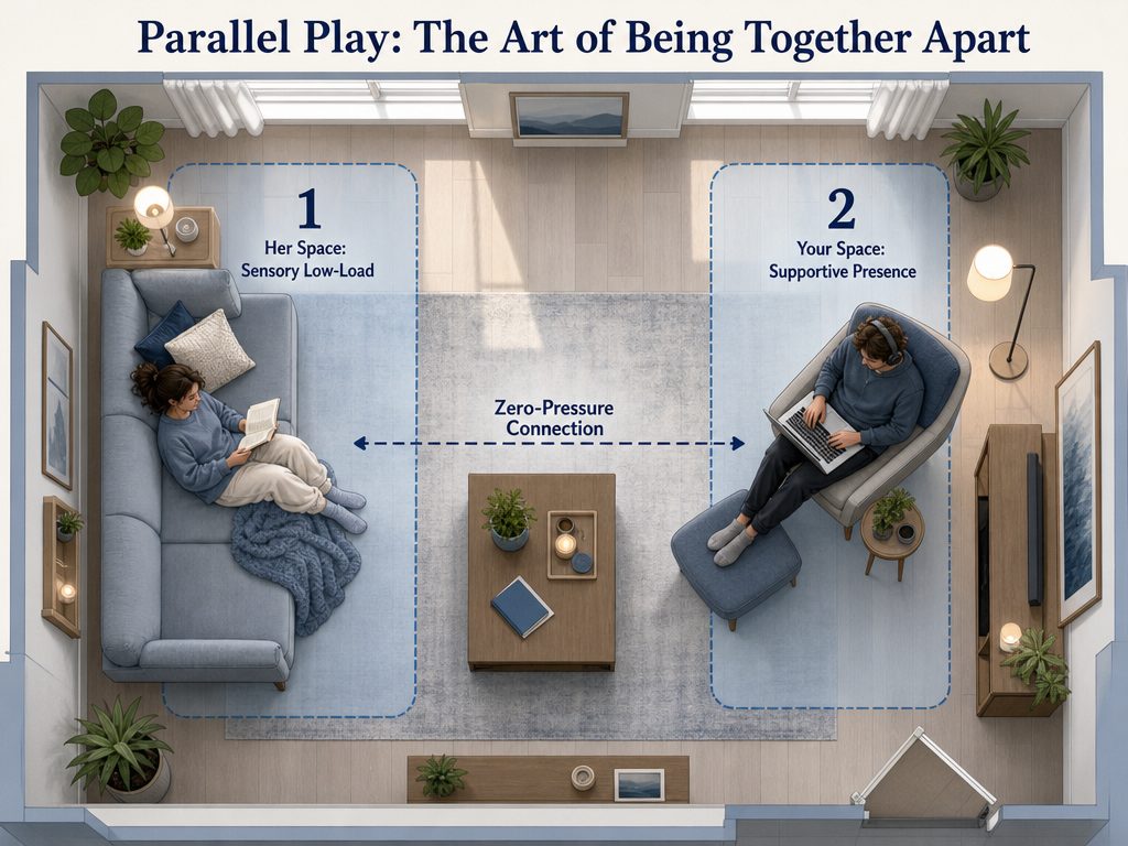 Parallel play allows you to maintain a physical connection and provide a sense of security without adding the social burden of conversation or direct engagement.