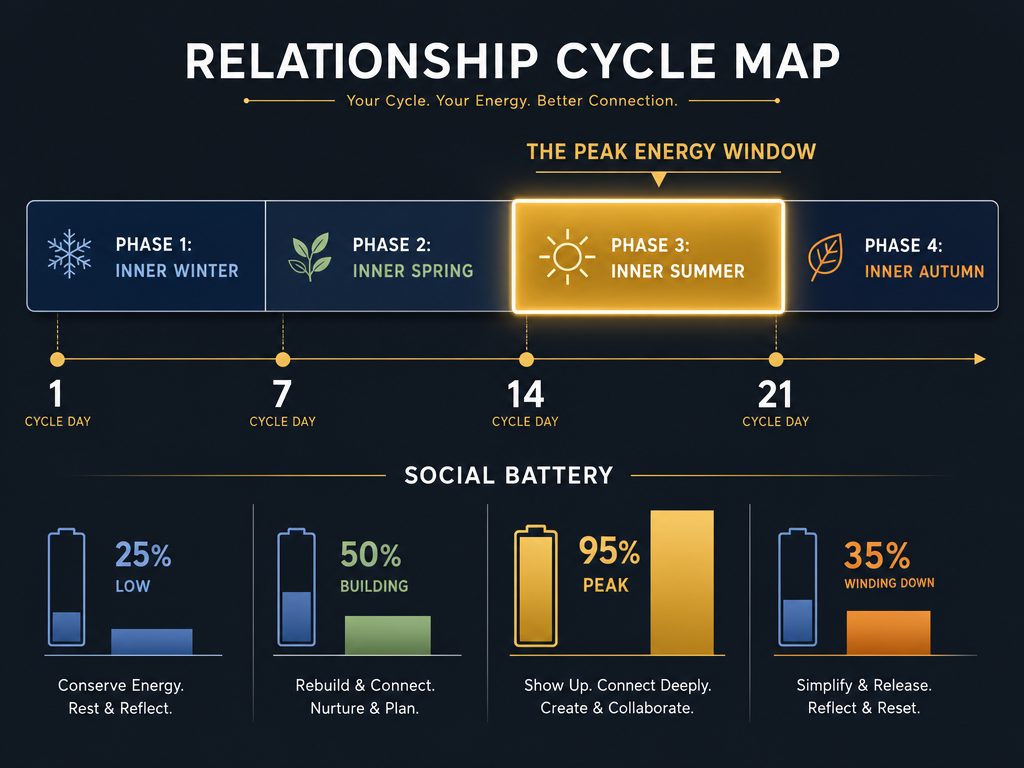 Understanding the four phases of the cycle helps partners identify the 'Inner Summer,' characterized by high energy, increased social confidence, and peak relationship connection.
