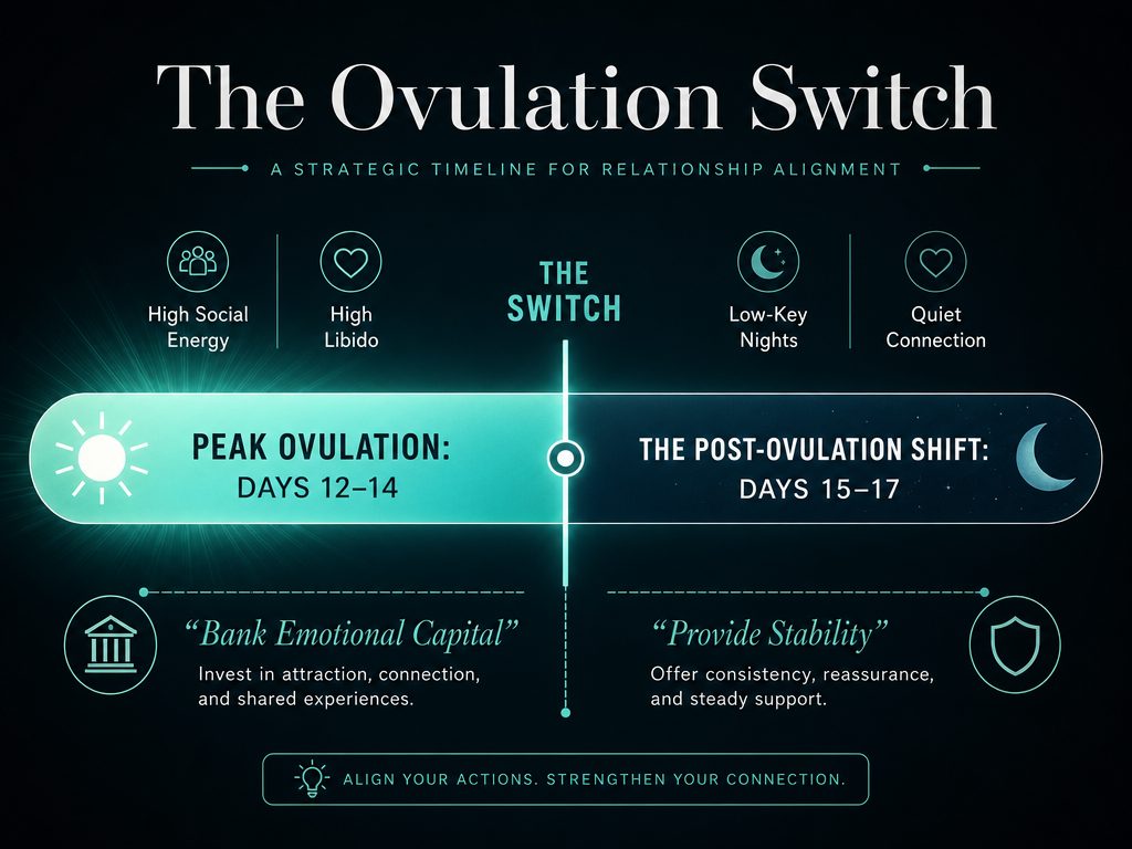 A relationship timeline infographic showing the transition from high-energy ovulation to the quiet, supportive post-ovulation phase for couples.