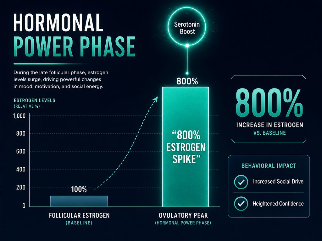 Data visualization chart showing the 800 percent estrogen spike and serotonin increase during a woman's ovulatory power phase.