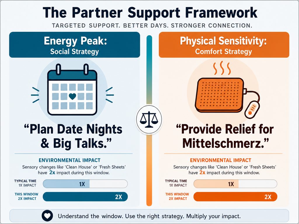 A tactical partner support framework showing strategies for social planning versus physical comfort during different stages of the ovulation cycle.
