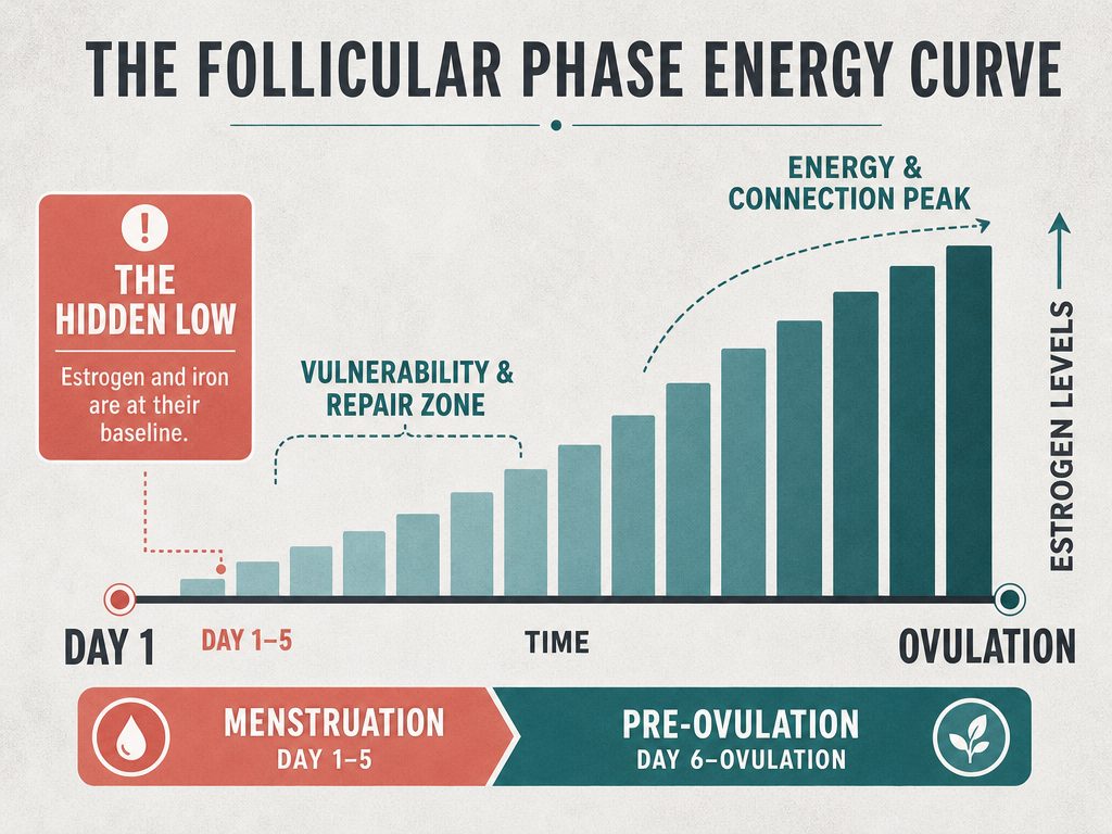 Infographic showing estrogen levels rising throughout the follicular phase, highlighting the initial vulnerability period from day 1 to 5.
