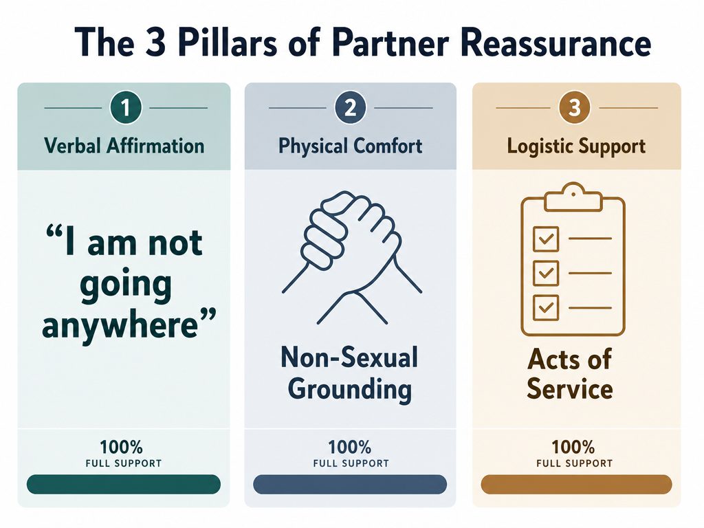 A conceptual diagram outlining the three pillars of reassurance: verbal affirmation, physical comfort, and logistic support for partners.