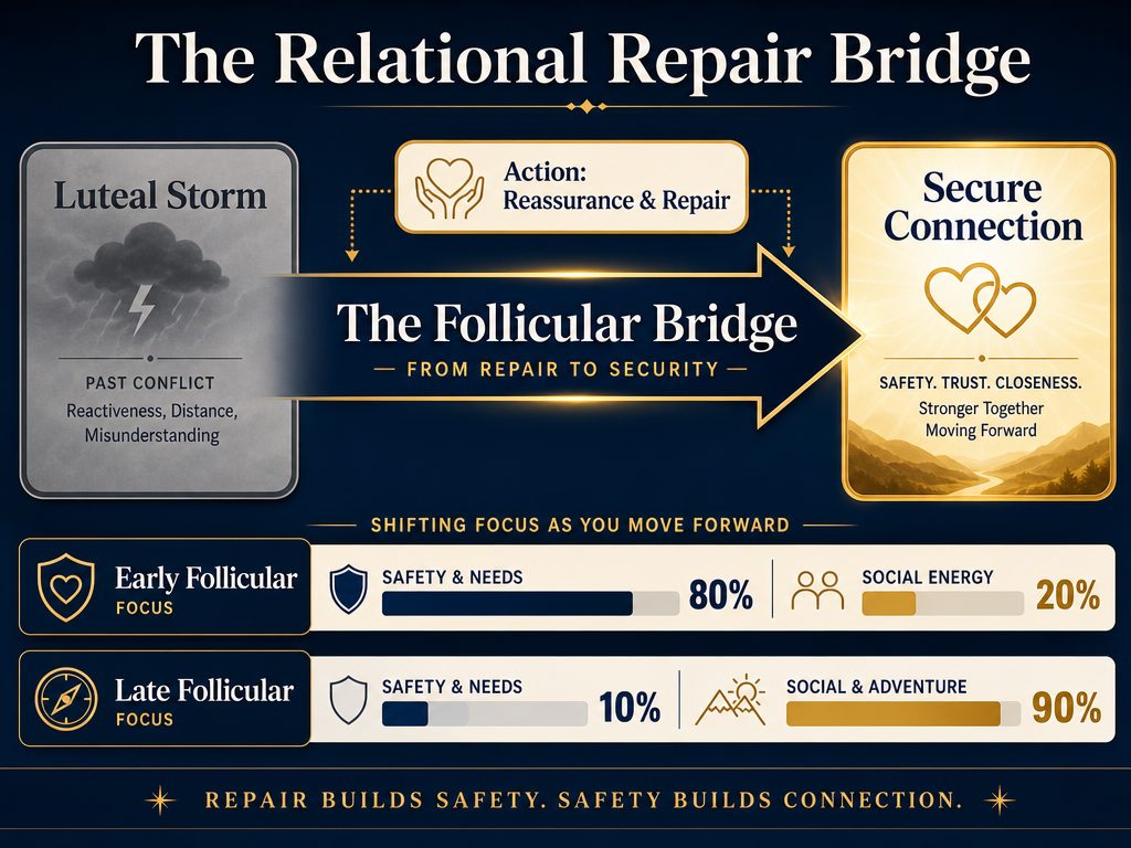 Comparison chart showing the shift in focus from safety and repair in early follicular to social energy and adventure in late follicular.