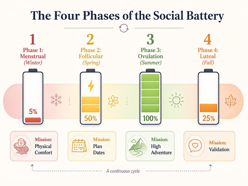 A 4-phase diagram showing the menstrual cycle social battery levels from 5% in winter to 100% in summer, including mission tasks for partners.