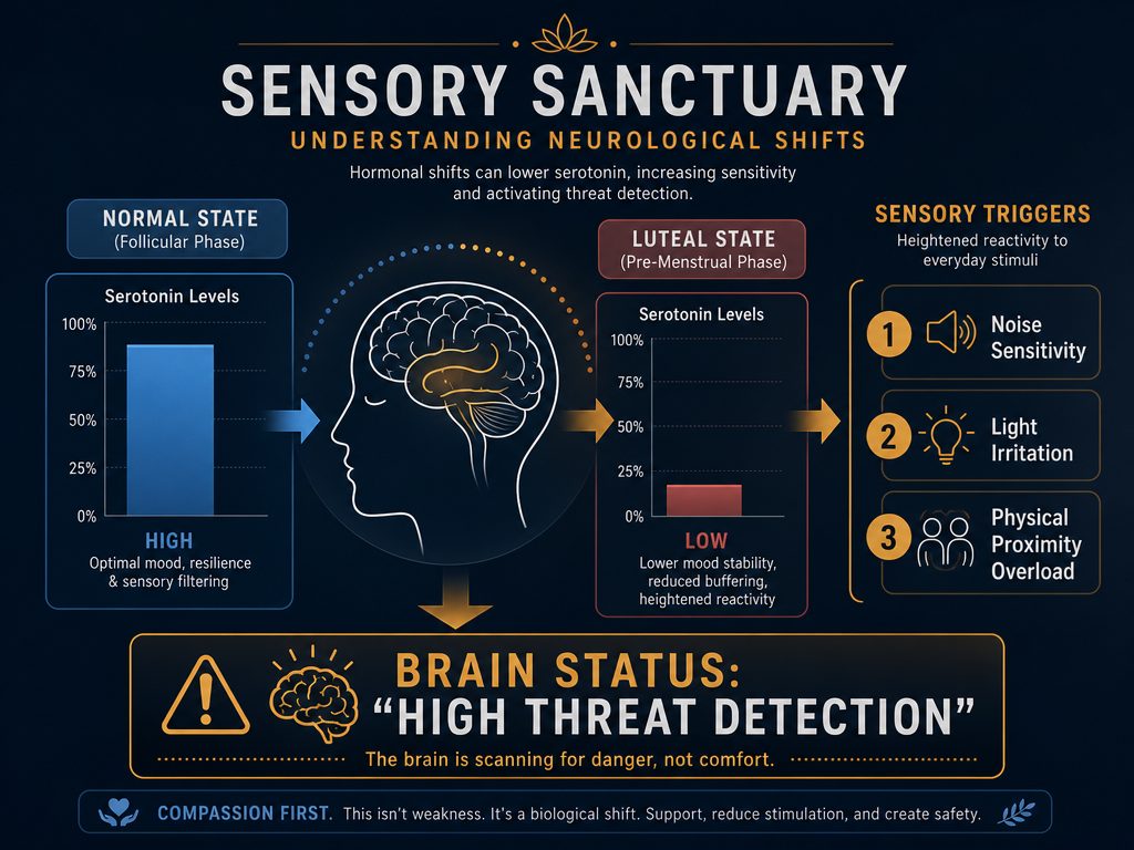 Biological shifts in GABA and serotonin levels can lower a partner's sensory threshold, making normal environments feel overwhelming or over-stimulating.