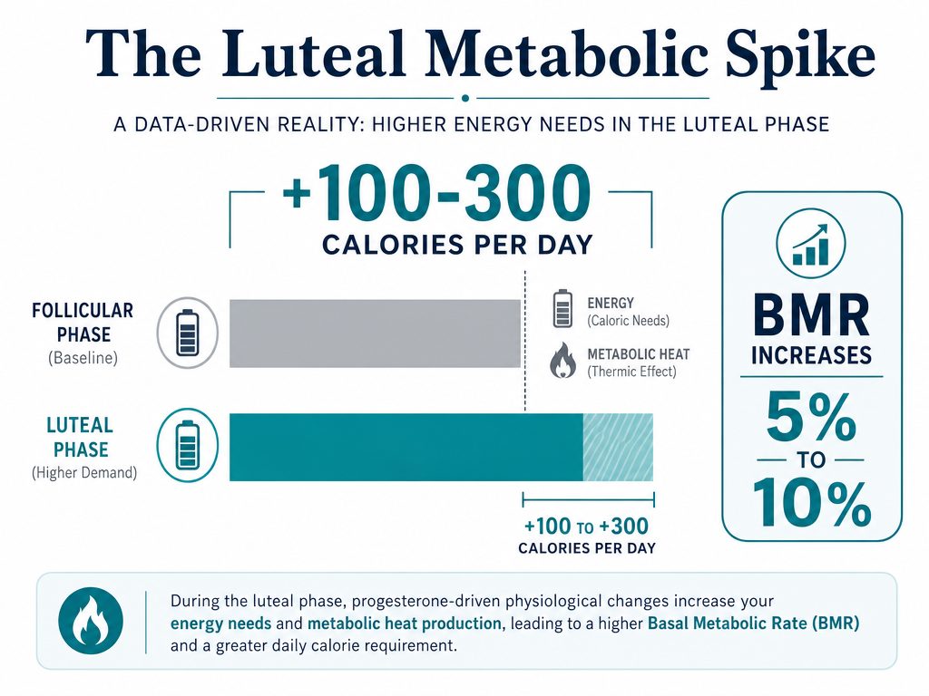 Infographic showing a 5-10% increase in basal metabolic rate during the luteal phase, requiring an extra 100-300 calories per day for women.