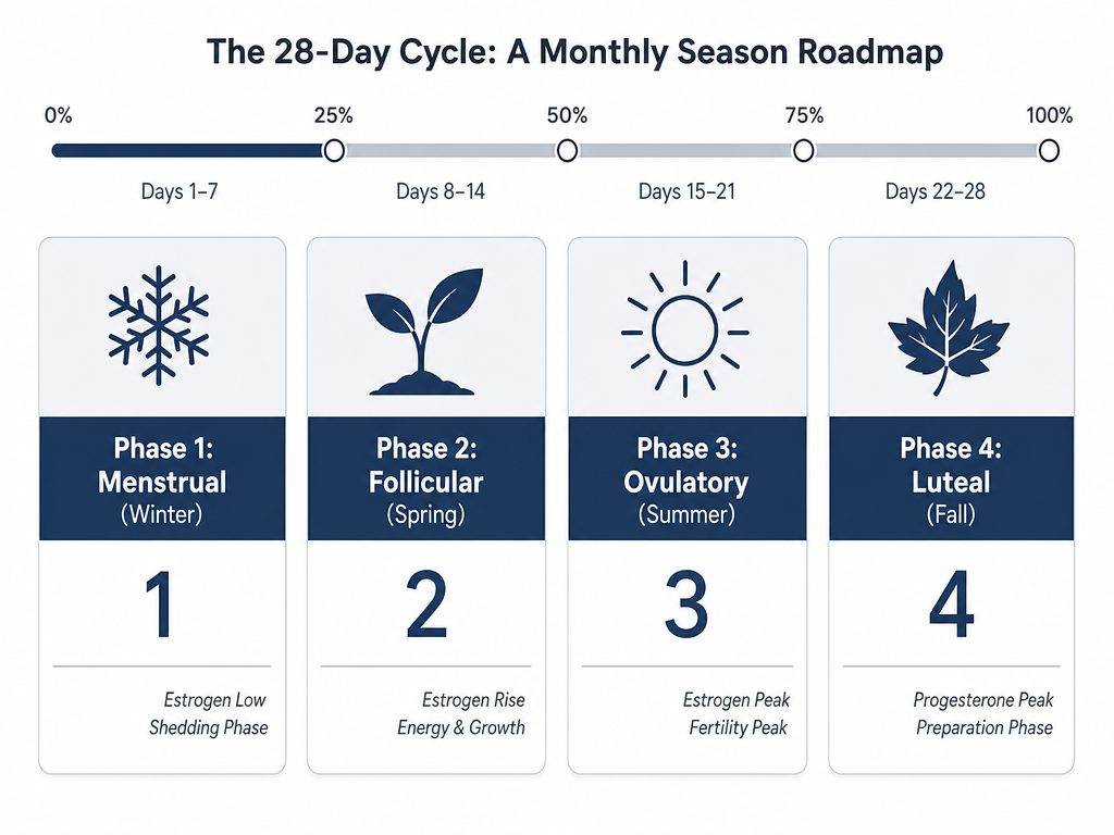 Diagram showing the four phases of the menstrual cycle - Menstrual, Follicular, Ovulatory, and Luteal - aligned with the four seasons for easy tracking.