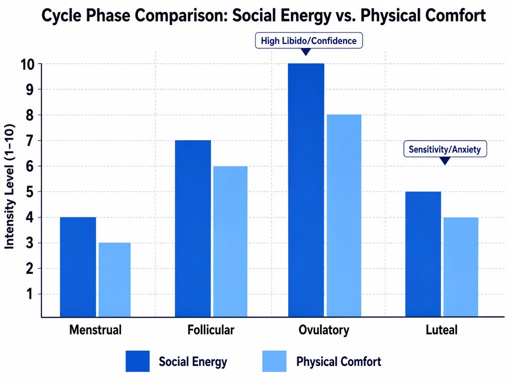 Bar chart comparing social energy and physical comfort across the four cycle phases, highlighting the peak at ovulation and dip during menstruation.