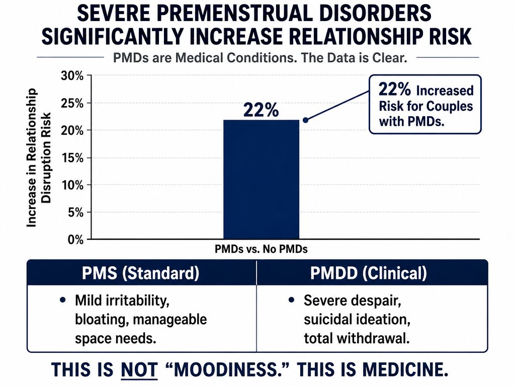 Statistically, severe premenstrual disorders significantly increase relationship strain, making it vital to distinguish between manageable PMS and clinical PMDD for proper support.