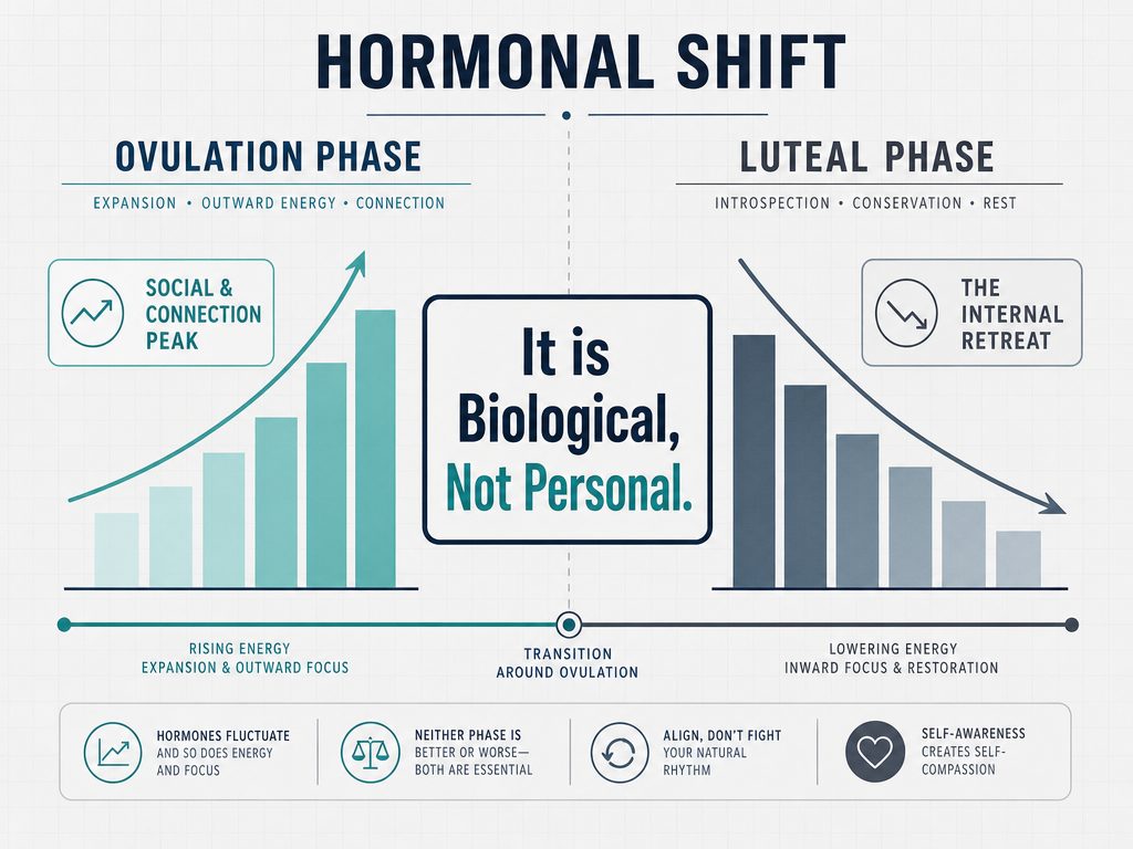 Diagram showing the shift from ovulation social peaks to the luteal phase internal retreat, emphasizing that withdrawal is biological, not personal.