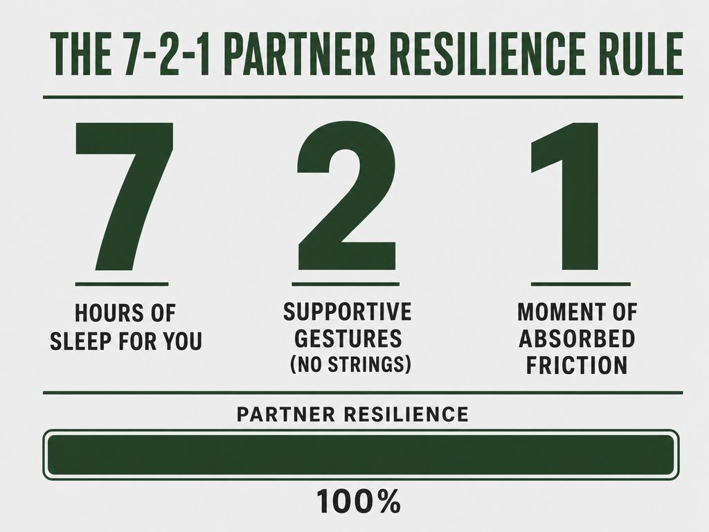 Visual representation of the 7-2-1 Rule: 7 hours sleep, 2 supportive gestures, and 1 moment of absorbed friction to help men maintain resilience.