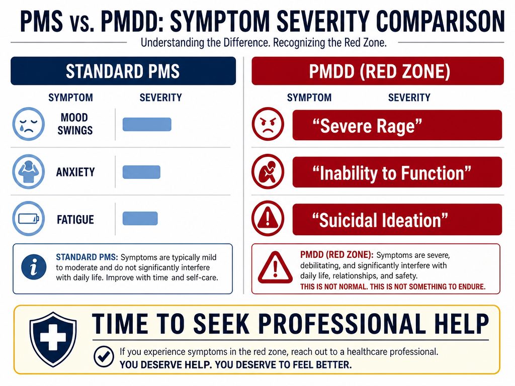 A comparison chart showing the difference in scale between standard PMS and PMDD symptoms, highlighting when to seek professional medical help.