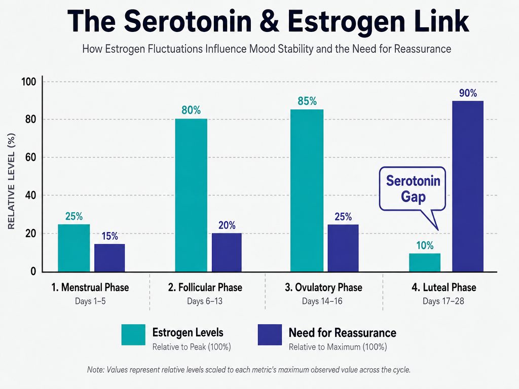 A bar chart illustrating how dropping estrogen levels in the luteal phase increase the biological need for serotonin-boosting words of affirmation.